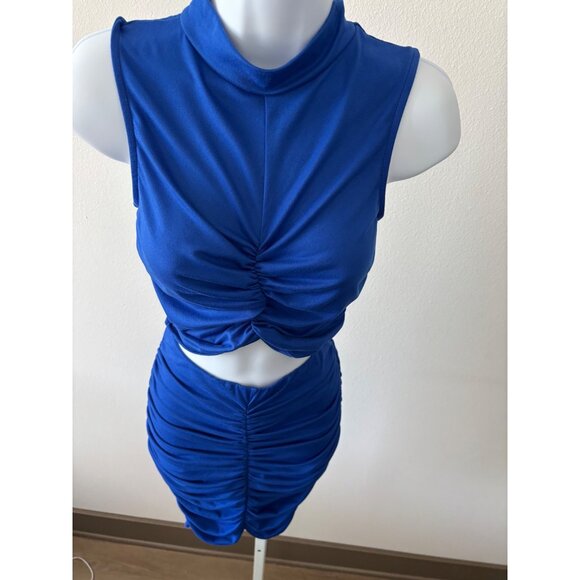 Skirt & Crop Top Set Large BodyCon Blue Ruched Y2K Glam Cyber Grunge Festival - Picture 12 of 15